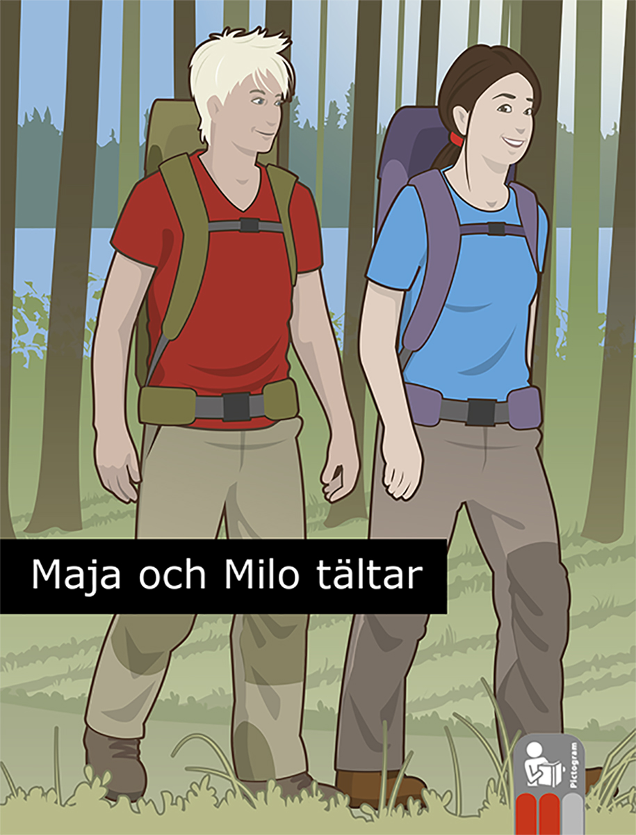 Flicka och pojke med ryggsäckar går i en skog.
