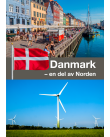 Kollage med en befolkad gågata i en dansk stad och ett vindkraftverk på en äng.