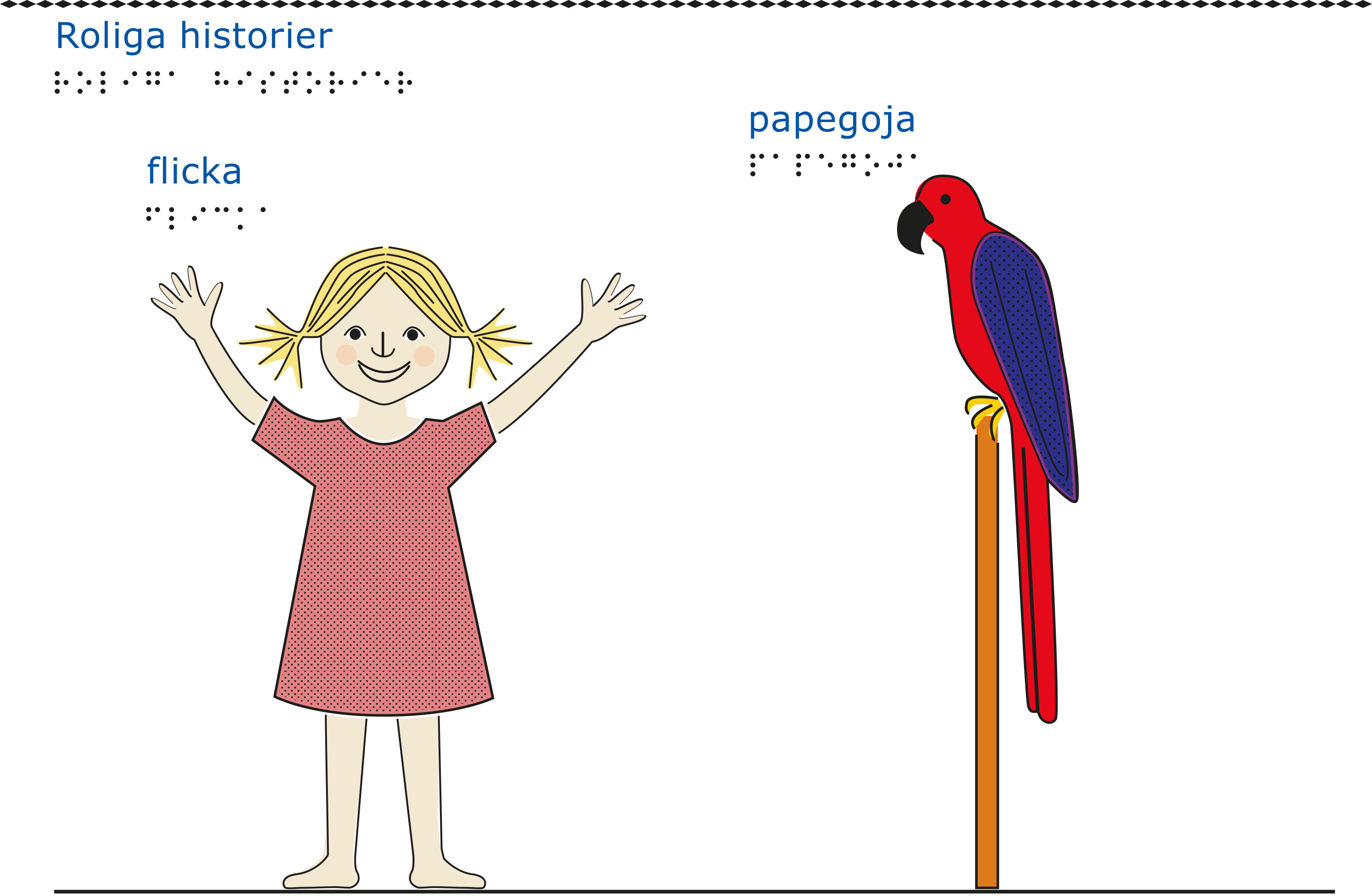 En flicka i röd klänning och en blå och röd papegoja. Vit bakgrund.