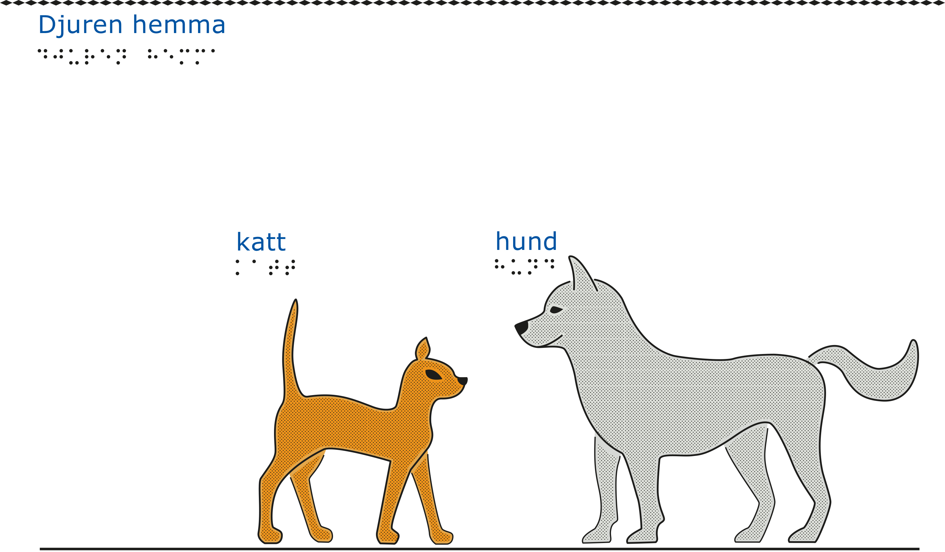 En orange katt och en grå hund mot vit bakgrund.