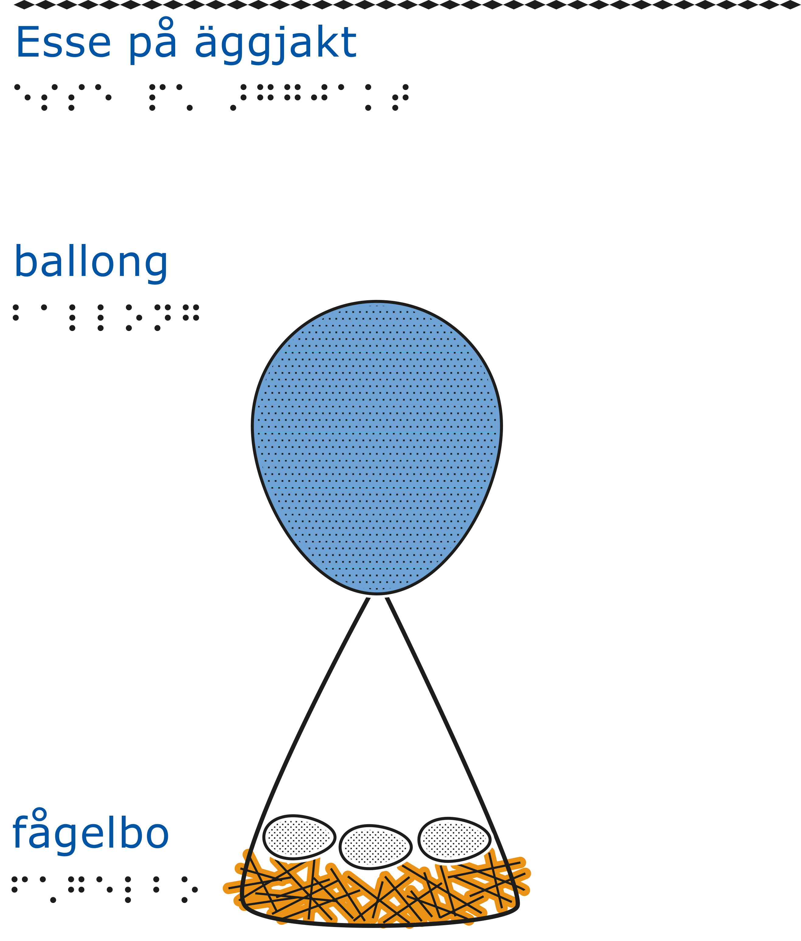 En blå ballong som är fastknuten i ett fågelbo med tre ägg i. Vit bakgrund.