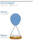 En blå ballong som är fastknuten i ett fågelbo med tre ägg i. Vit bakgrund.