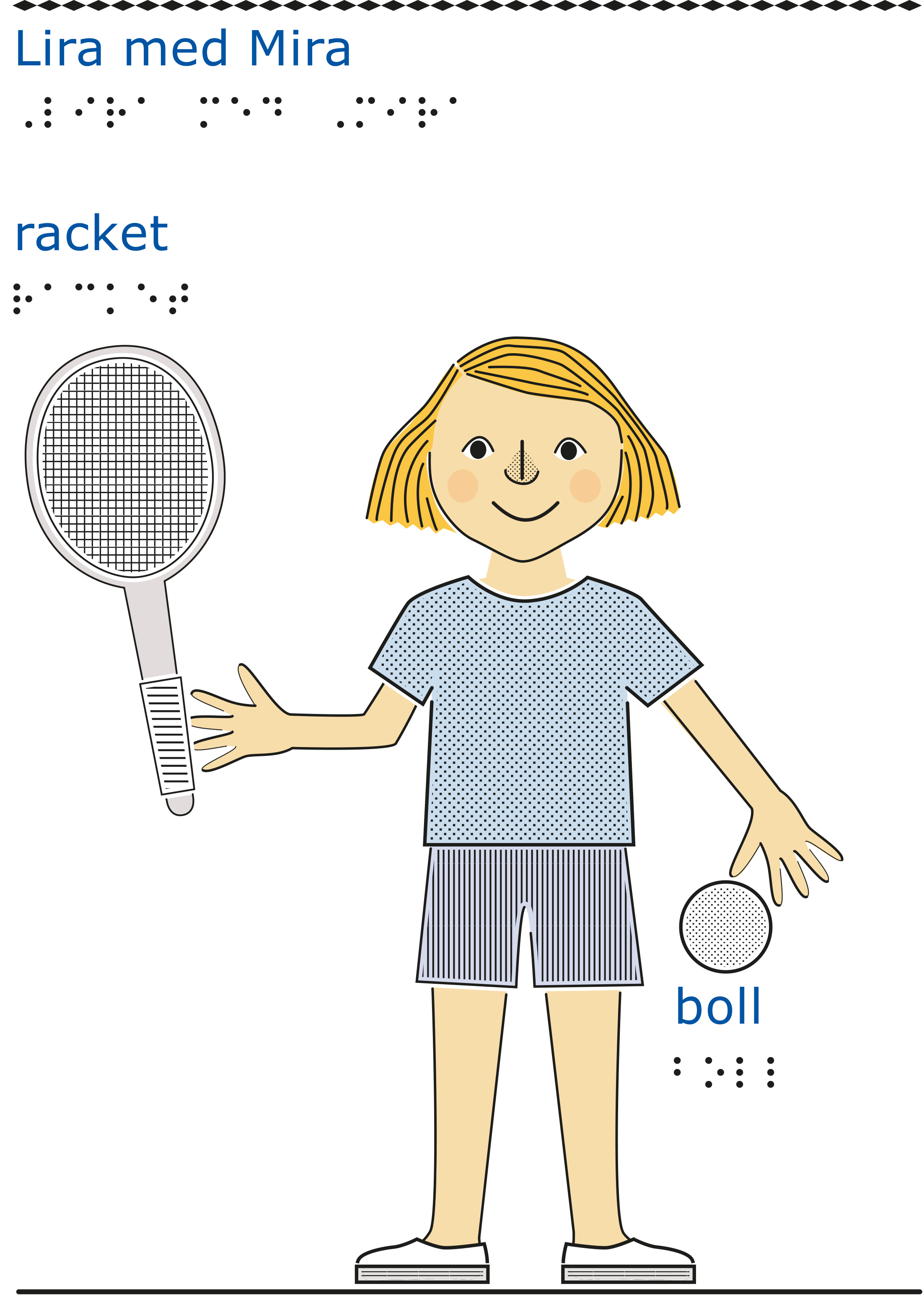 Flicka med blå tröja och blont hår håller i ett racket och en boll.
