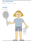 Flicka med blå tröja och blont hår håller i ett racket och en boll.