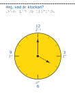 En gul klocka med 12, 3, 6 och 9 markerade i svartskrift och punktskrift.