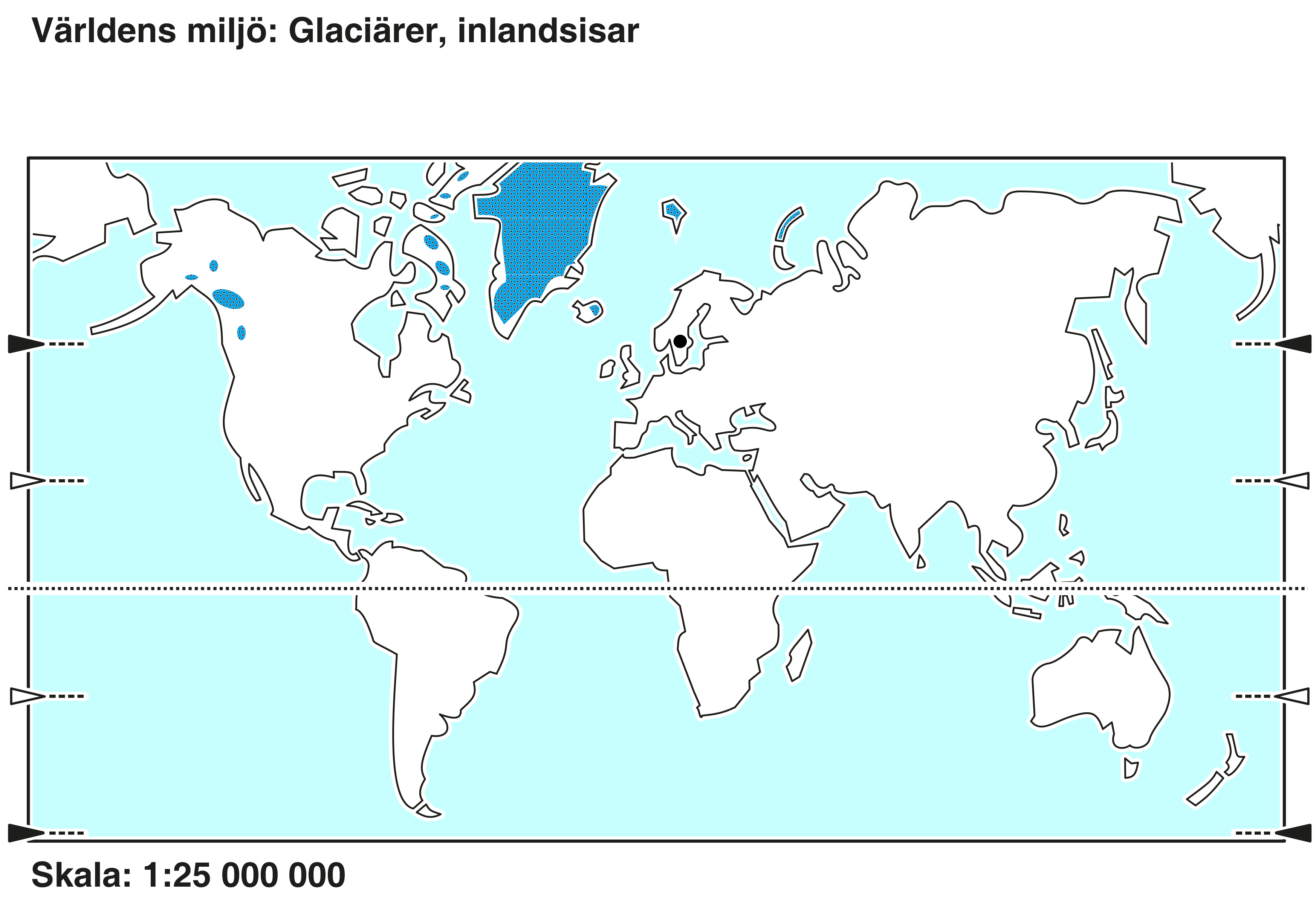En världskarta med hav i ljusblått och land i vitt.