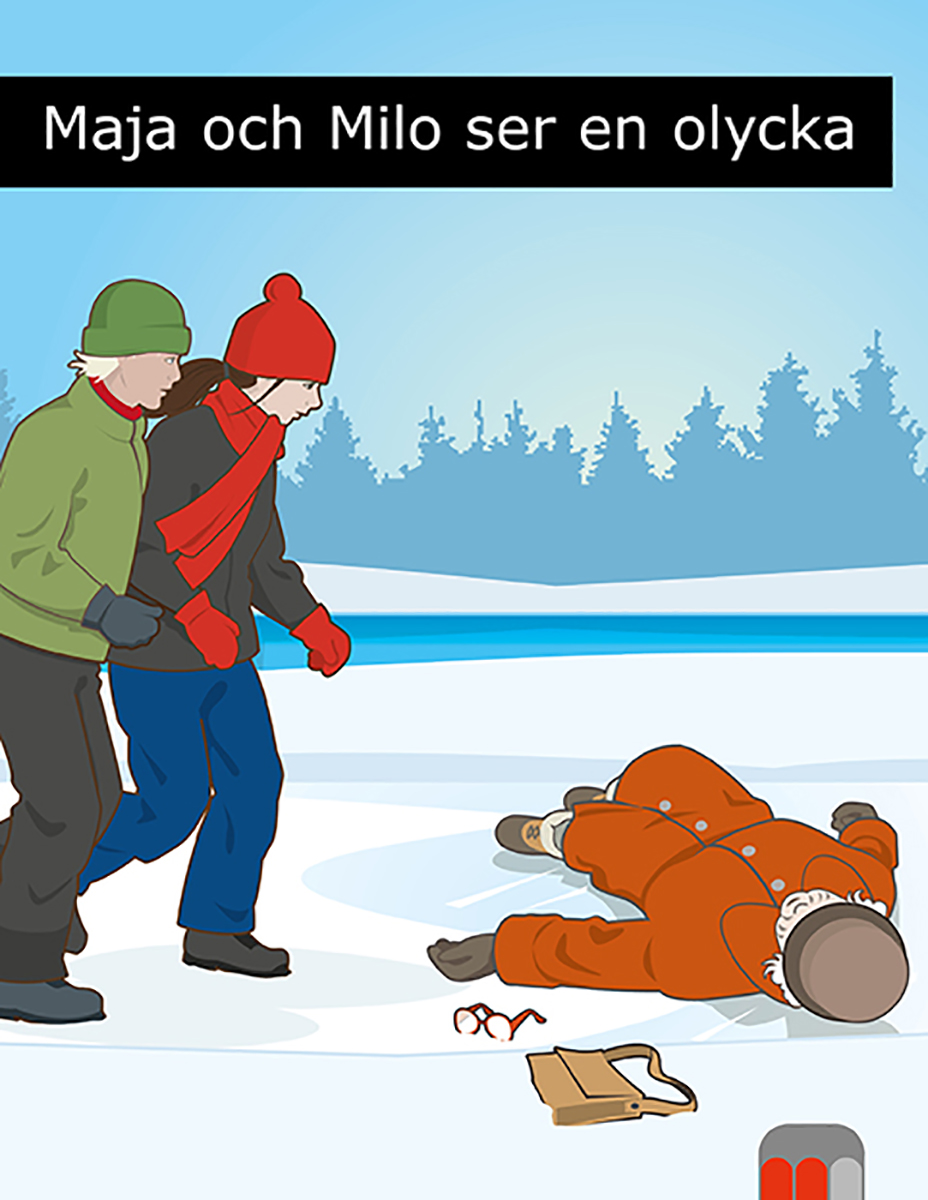 Flicka och pojke går på is mot en gammal människa som har halkat.