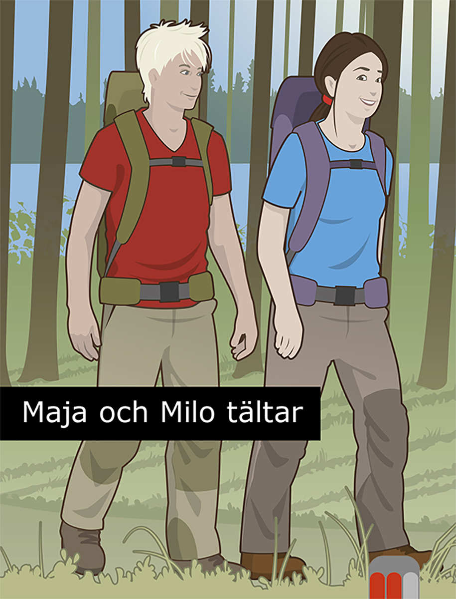 Flicka och pojke går i en skog med ryggsäckar.