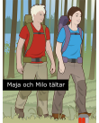 Flicka och pojke går i en skog med ryggsäckar.