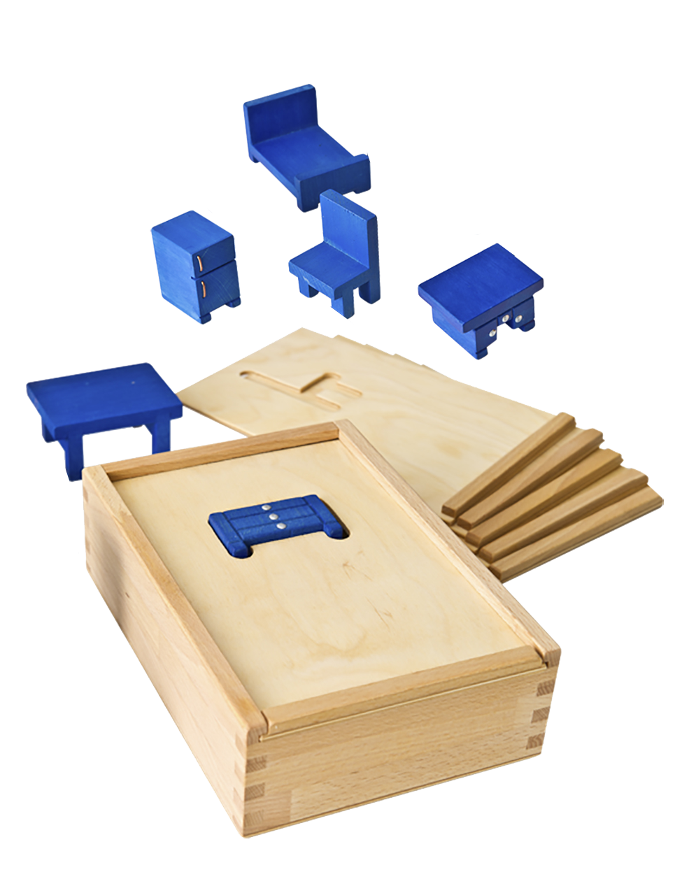 Formlådan, en trälåda med tillhörande möbler i trä. För att öva samband mellan två- och tredimensionella former.