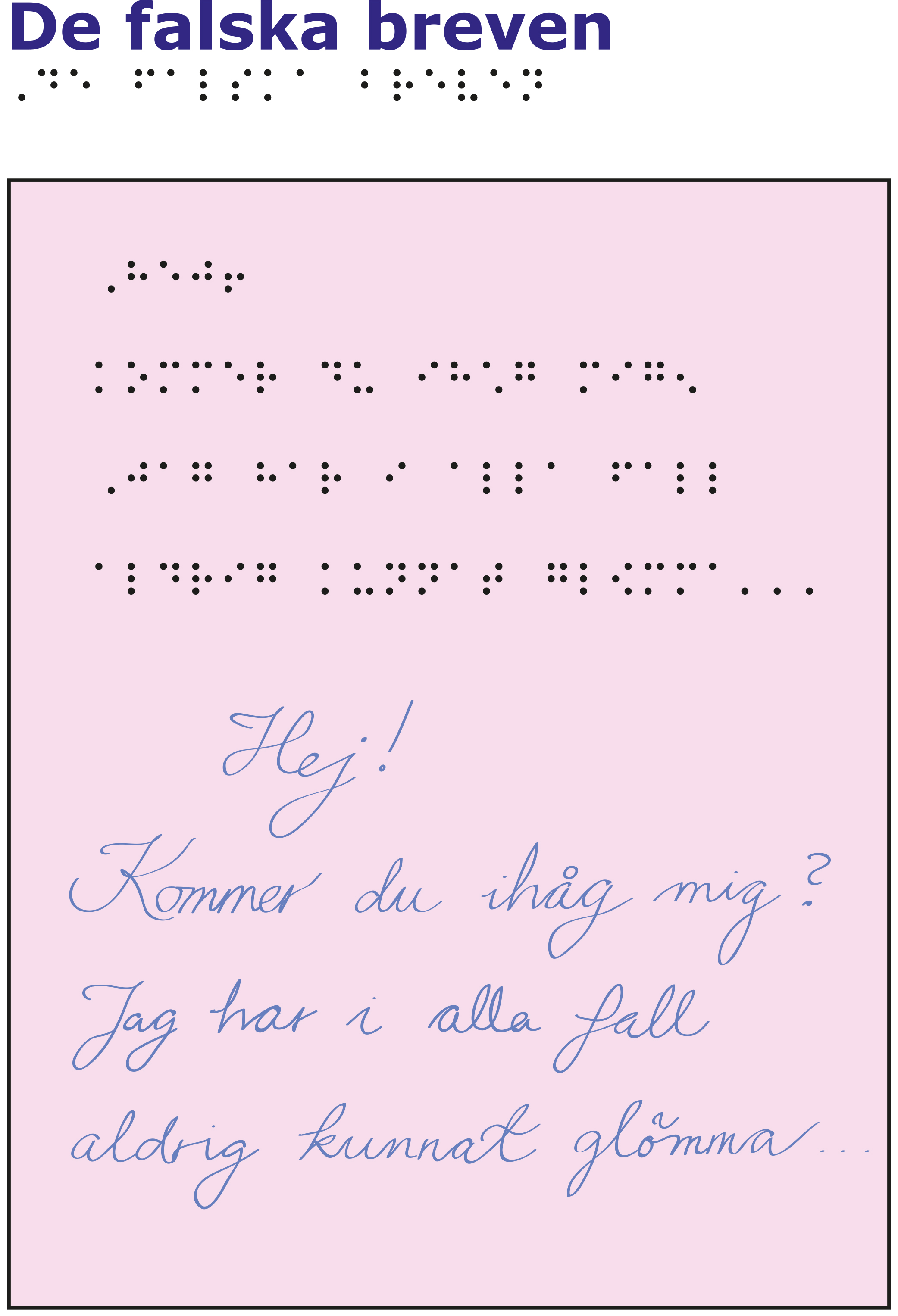 Rosa papper med texten "Hej! Kommer du ihåg mig? Jag har i alla fall aldrig kunnat glömma..." med samma text ovanför i punktskrift.