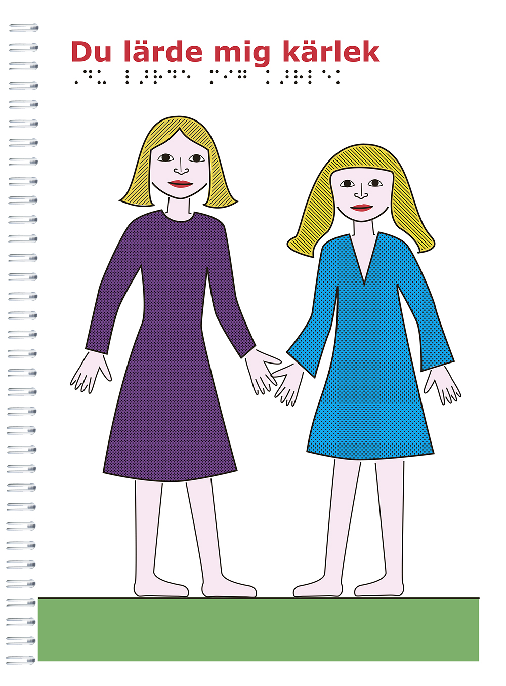 Två kvinnor, en i lila klänning och en i blå. De sträcker ut händerna som för att ta varandra hand i hand.