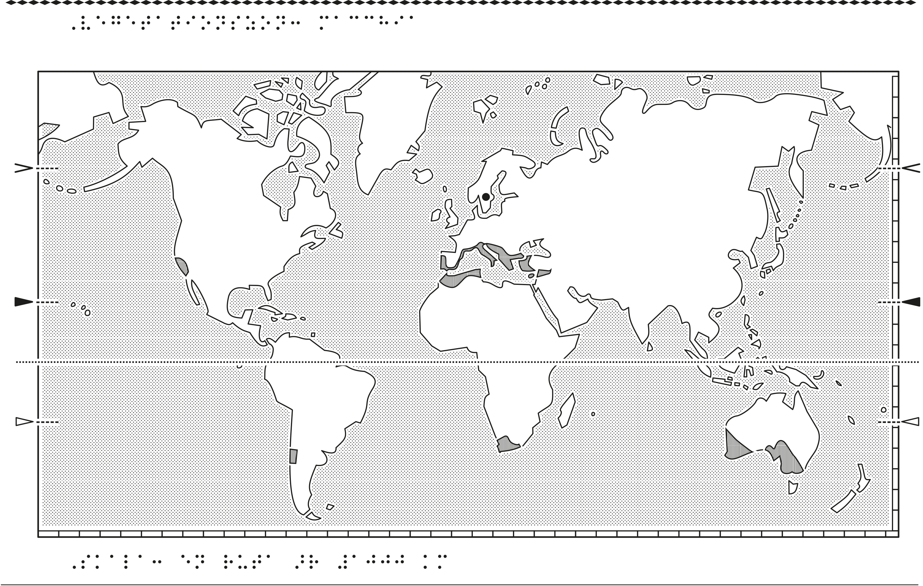 Världskarta i relief med macchia markerat.