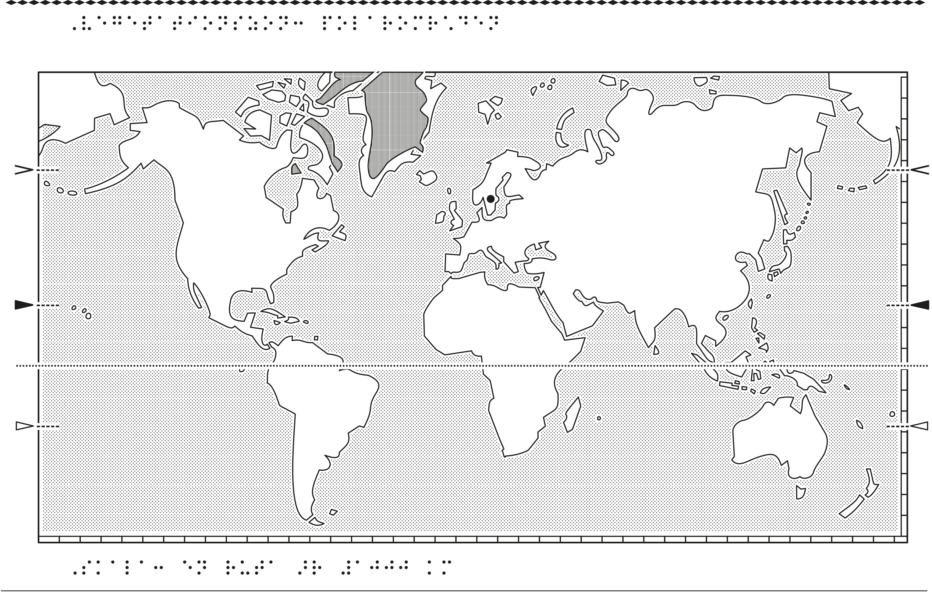 Världskarta i relief med polarområden markerade.