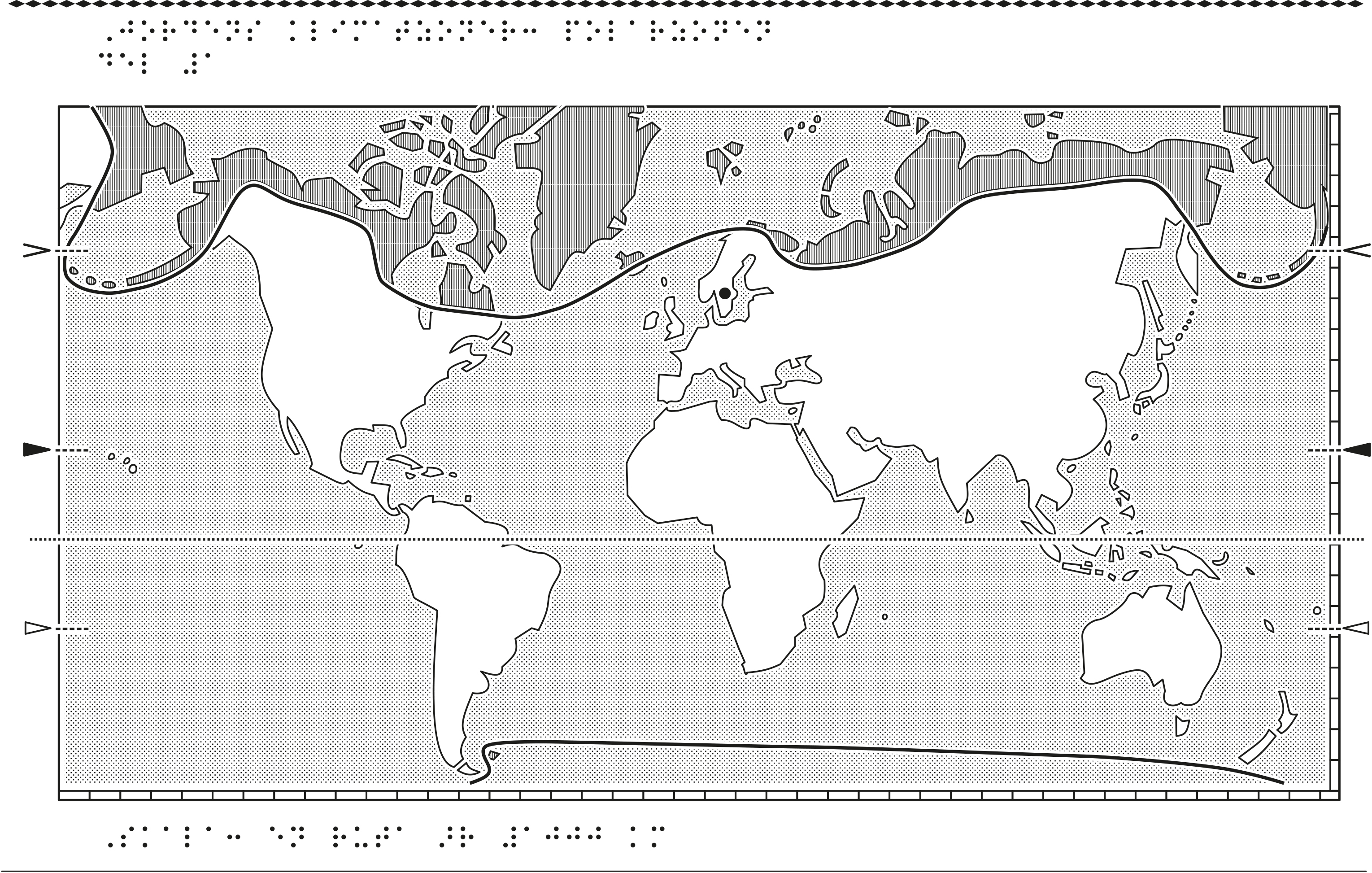 Världskarta i relief med klimatzoner markerade.