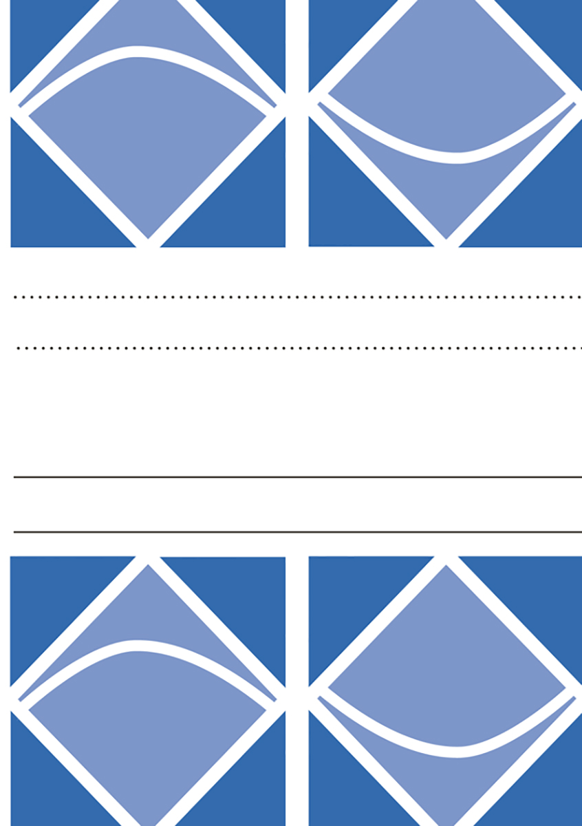 Omslag bestående av vita och blå geometriska figurer separerade av ett fält med svarta linjer mot vit bakgrund.