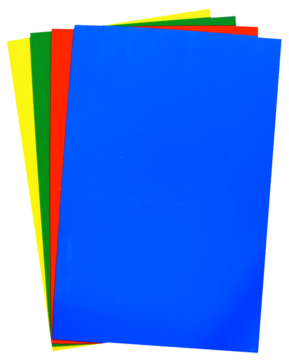 Fyra plastark i olika färger - blå, röd, grön och gul.