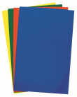 Fyra plastark i olika färger - blå, röd, grön och gul.
