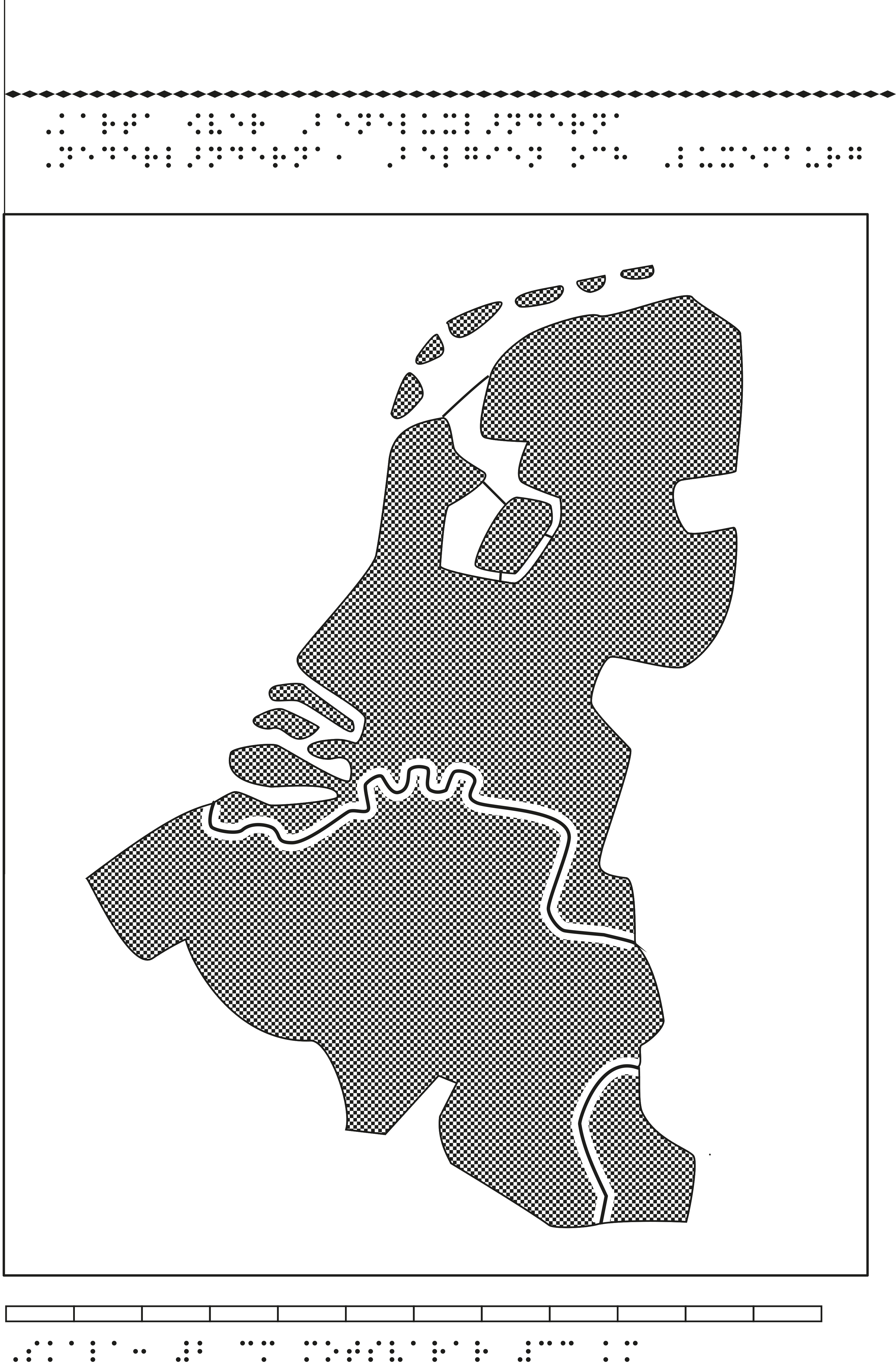 Karta av Belgien, Nederländerna, och Luxemburg i relief med tillhörande punktskrift.