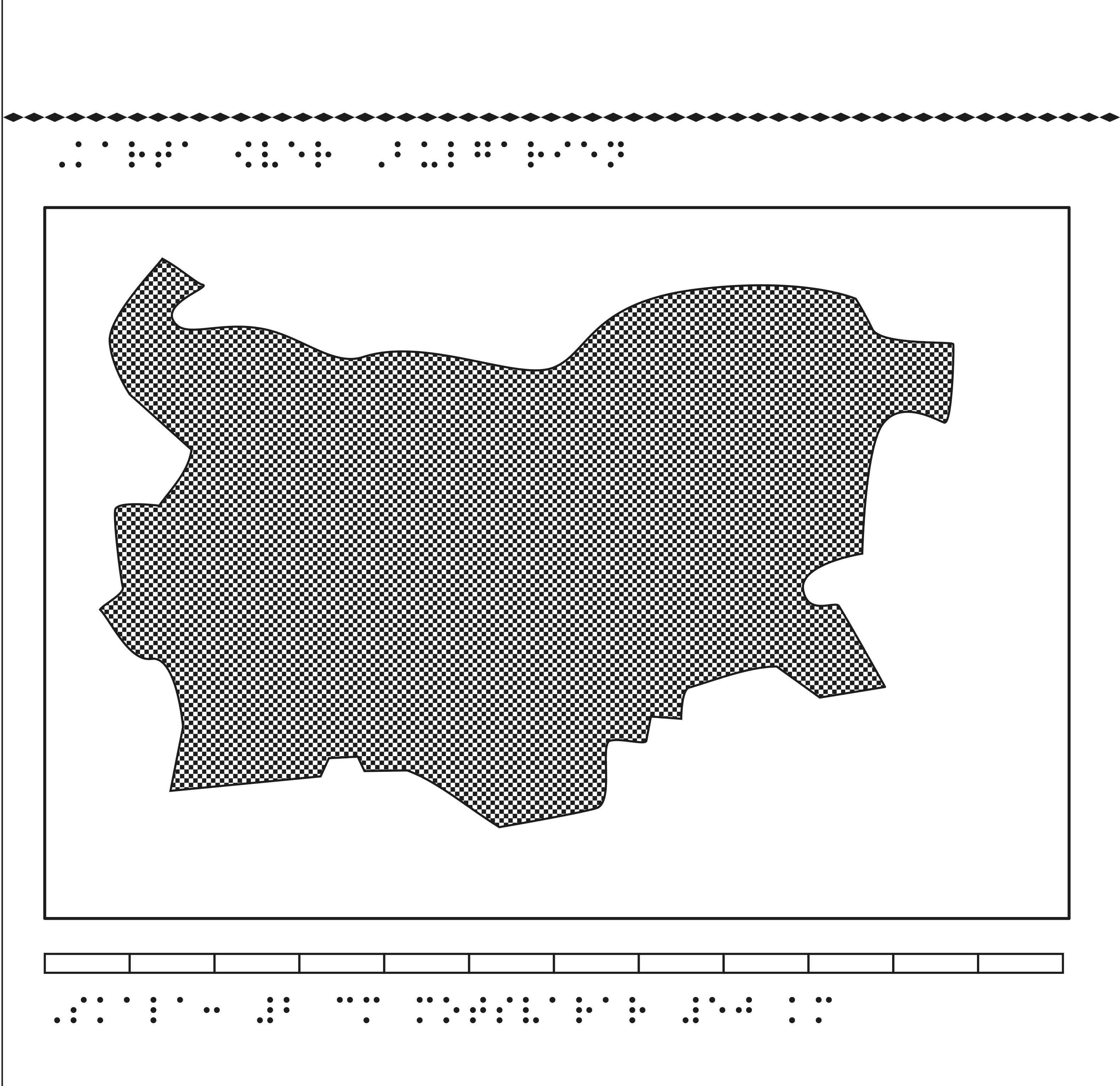 Karta av Bulgarien i relief med tillhörande punktskrift.