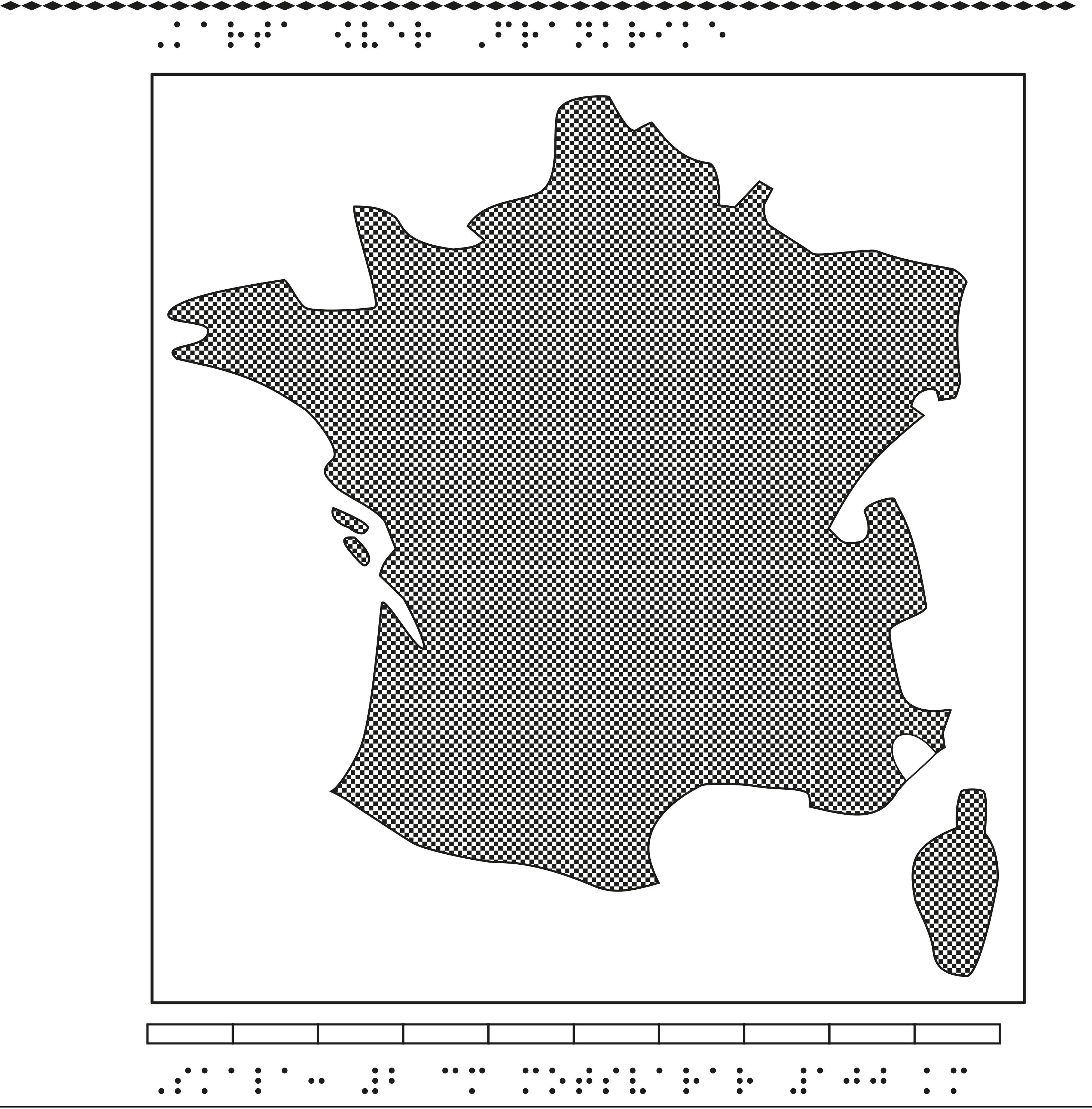 Karta av Frankrike i relief med tillhörande punktskrift.