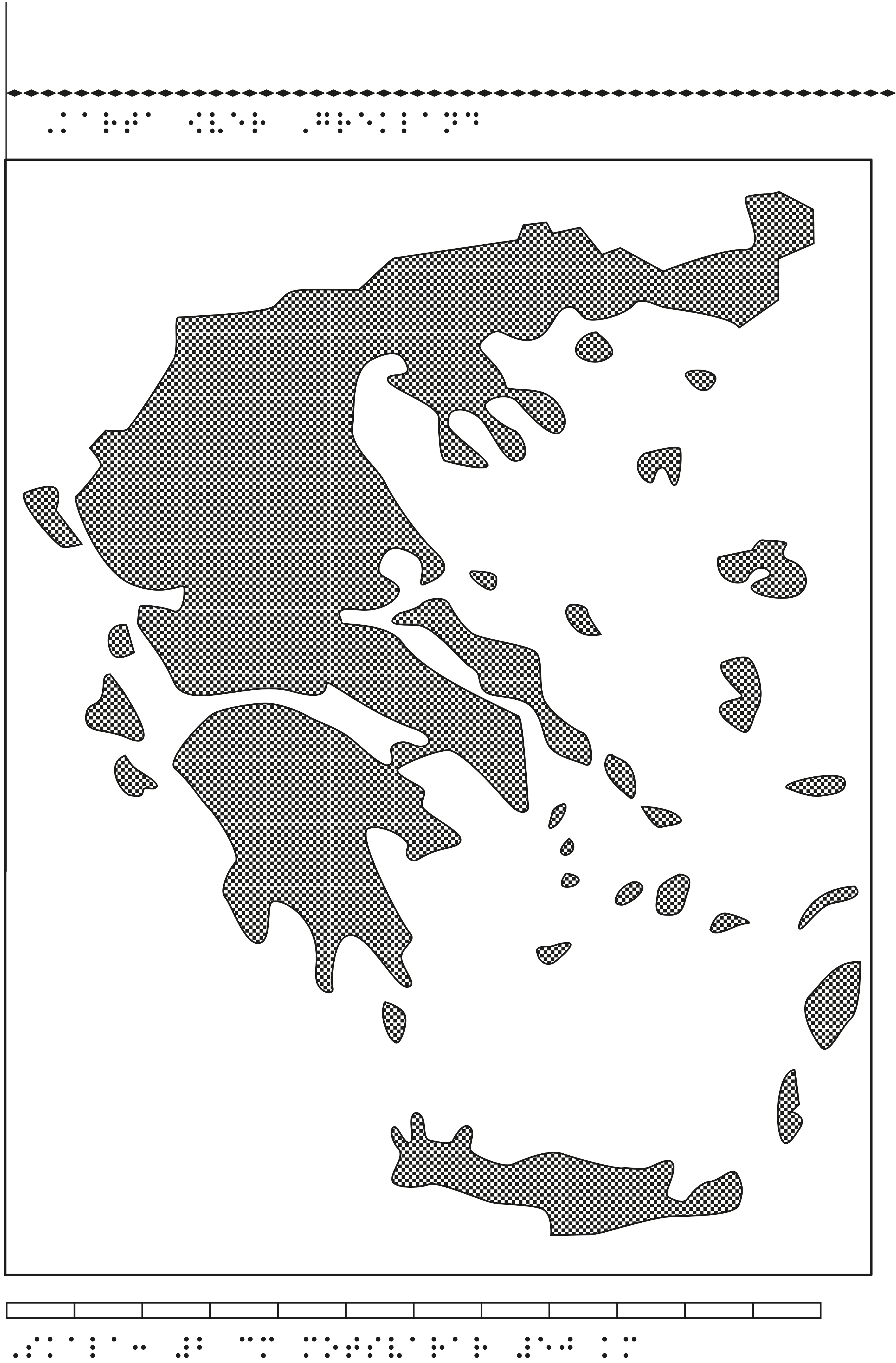 Karta av Grekland i relief med tillhörande punktskrift.