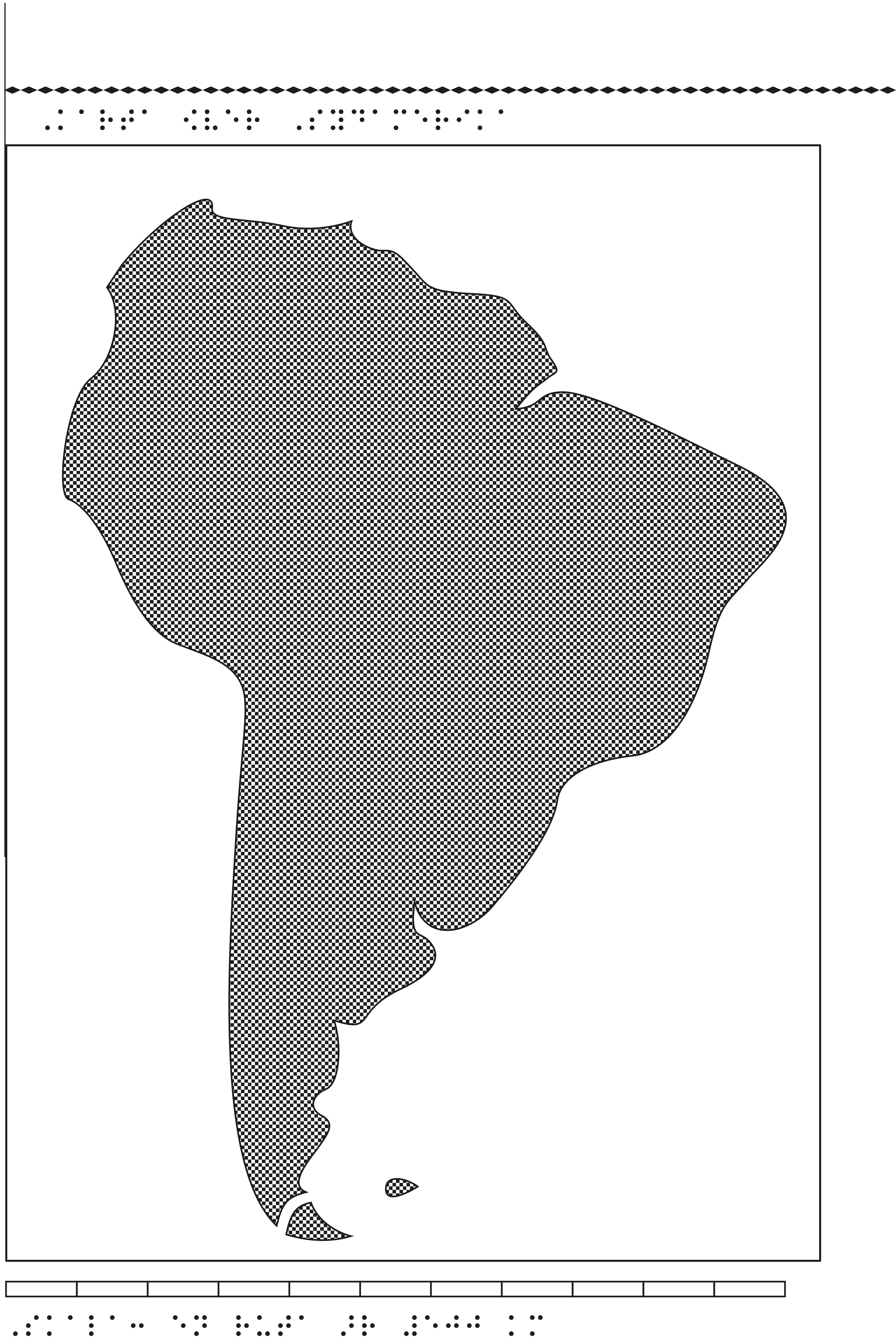 Karta av Sydamerika i relief med tillhörande punktskrift.