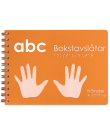 En orange ABC bok med en hand på framsidan.