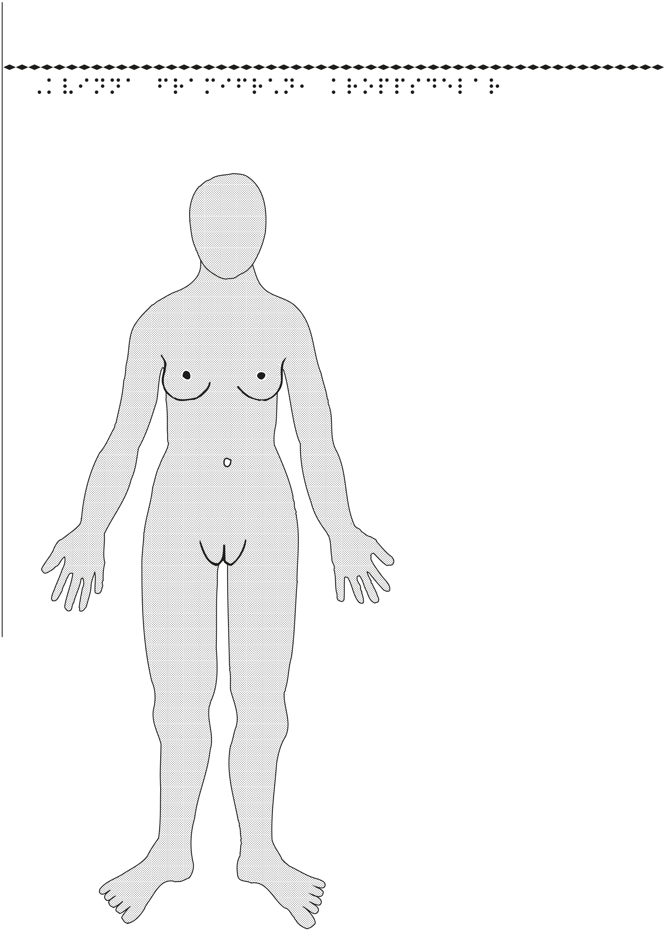 Kvinna framifrån – kroppsdelar, i relief.